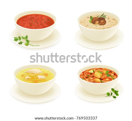 Different types of soup isolated on white background 