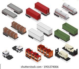 Different Types Trailers 3d Icons Set Isometric View Cargo Transport. Illustration Of Trailer For Delivery And Transportation