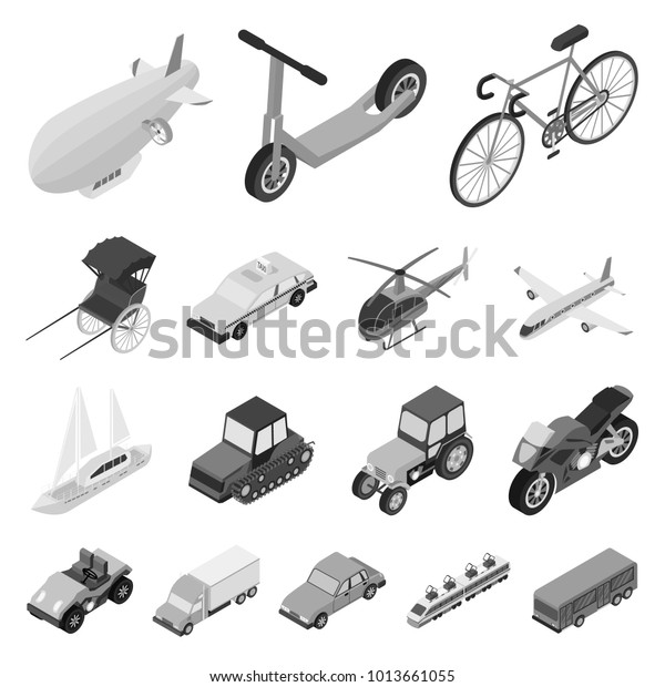 Different types of transport monochrome\
icons in set collection for design. Car and ship isometric bitmap\
symbol stock web\
illustration.