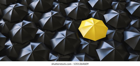 Different, Unique And Standing Out Of The Crowd Yellow Umbrella - 3d Rendering