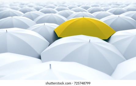 Different, Unique And Standing Out Of The Crowd Yellow Umbrella. 3D Illustration