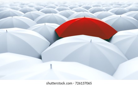 Different, unique and standing out of the crowd red umbrella. 3D Illustration
