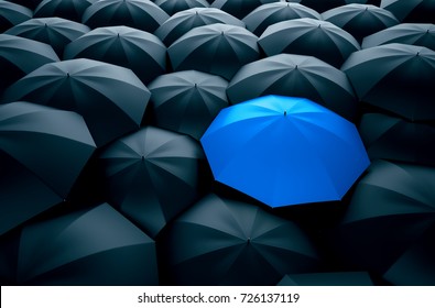 Different, unique and standing out of the crowd blue umbrella. 3D Illustration