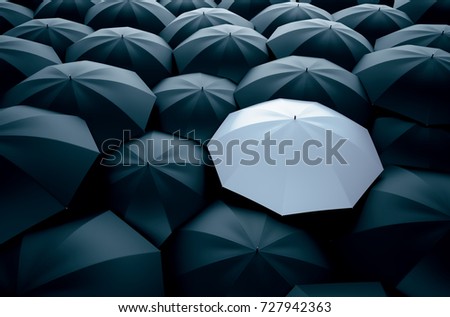 Different, unique and standing out of the crowd white umbrella. 3D Illustration