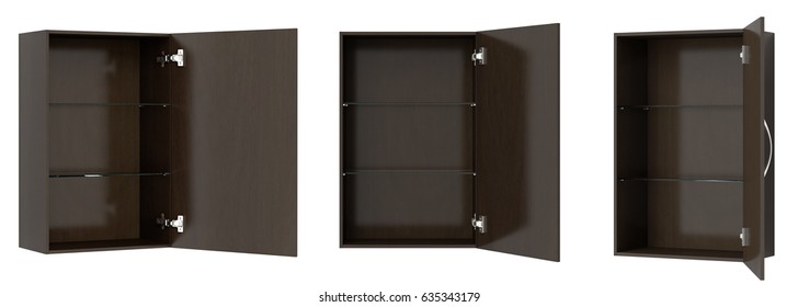 Different Views Of Open Empty Dark Brown Bathroom Cabinet Isolated On White. 3d Illustration