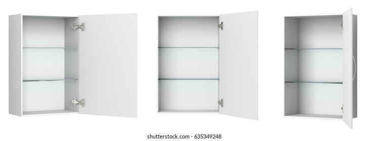 Different Views Of Open Empty White Bathroom Cabinet Isolated On White. 3d Illustration