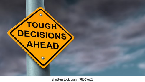 Difficult And Tough Decisions Business Journey Concept Of Uncertainty In A Challenging Financial Situation And Difficult Solutions To Problems As A Yellow Traffic Sign On A Stormy Cloud Background.