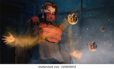 Digital 3d illustration of an armored wizard casting a spell with magic sci-fi technology - fantasy painting