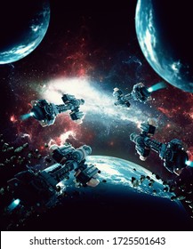 Digital 3D Illustration of a battle between Spaceships in space universe