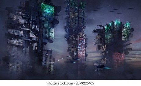 Digital 3d illustration of a futuristic sci-fi cyberpunk city with flying cars a neon lights - fantasy painting
