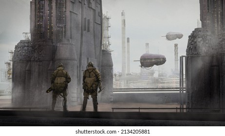 Digital 3d Illustration Of A Pair Of Future Soldiers Surveying A Science Fiction Landscape - Fantasy Painting