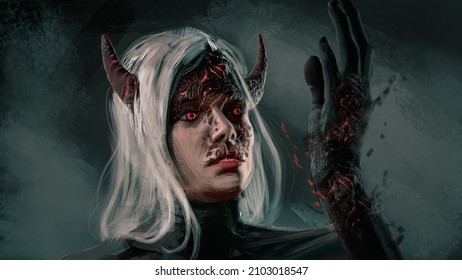 Digital 3d illustration of a succubus demon inspecting her magic hand - fantasy painting