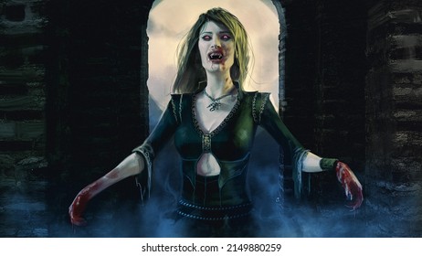 Digital 3d illustration of a vampire character coming through a misty medieval door in front of a large moon - fantasy painting