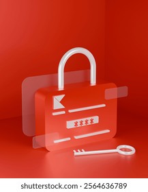 Digital 3D rendering of a red padlock. The padlock is rectangular in shape with a rectangular opening at the top.