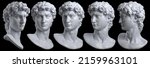 Digital 3D rendering set illustration of classical white marble head bust sculpture rotated in 5 different views and isolated on black background.