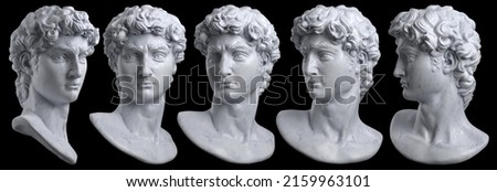 Digital 3D rendering set illustration of classical white marble head bust sculpture rotated in 5 different views and isolated on black background. Stockfoto © 