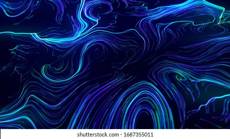 Digital abstract background of data streams or swirly light as an ambient pattern. Glowing lines. Wavy concept CGI
