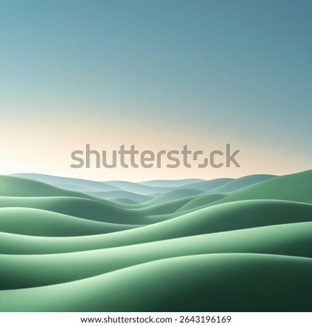 A digital abstract landscape featuring soft, rolling hills in shades of green, blending seamlessly into a pastel sky. The minimalist composition and smooth textures evoke a sense of calm and serenity.
