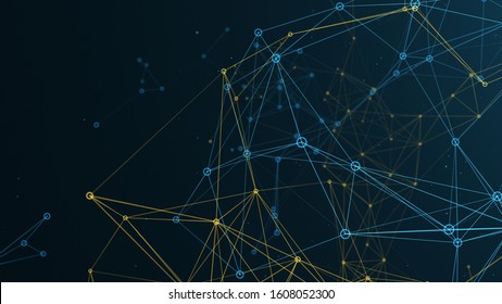 Digital Abstract Network Of Blue And Yellow Lines And Connected Dots. 3d Render. Technology Background