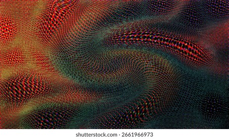 Digital abstract. Vibrant and dynamic wave of colorful dots and moiré-like distortion patterns. A hypnotic rhythm of red, green, yellow, and blue hues composition, creating an optical illusion effect.