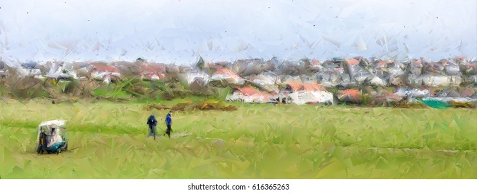 Digital abstract watercolour painting from a photograph of golfers playing in front of the Clubhouse of West Kilbride Golf Club, an 18 hole links course located on the North Ayrshire Coast of Scotland - Powered by Shutterstock