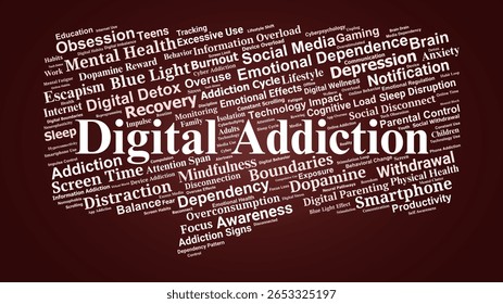 Digital Addiction Word Cloud. Visual summary of tech overuse, emotional impact, and behavioral consequences in modern life.