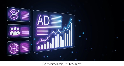 Digital advertising screen featuring graphs and icons, glowing neon style on a dark background. Concept of online ads and data trends. 3D Rendering