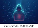 Digital AI Technology Concept. An abstract illustration of a hooded hacker working on a laptop, symbolizing cybercrime, security threats, and the dark side of the digital world. Generative AI Content