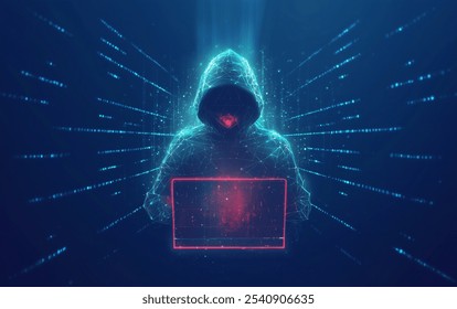 Digital AI Technology Concept. An abstract illustration of a hooded hacker working on a laptop, symbolizing cybercrime, security threats, and the dark side of the digital world. Generative AI Content