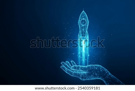Digital AI Technology Concept. An abstract illustration of a hand launching a rocket, symbolizing the start of a new business venture, innovation, and growth. Generative AI Content