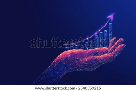 Digital AI Technology Concept. An abstract illustration of a hand holding an upward graph, symbolizing growth, success, and achievement. Generative AI Content