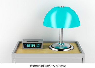 Digital Alarm Clock And Electric Lamp On Modern Nightstand, 3D Illustration