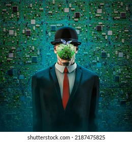 Digital anonymity - 3D illustration of surreal portrait of man in black suit, red tie and bowler hat with computer circuit board apple in front of face