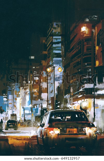 digital art of cars in city street\
at night with colorful lights, illustration\
painting