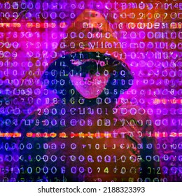 Digital art of a hacker behind floating binary code in air. Dark hooded figure with a futuristic look. Representing hacking and dangers with technology.
