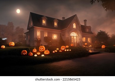 Digital Art Of Halloween Spooky Background, Scary Lantern Pumpkin Face. Scary Creepy House In October Dark Night Autumn Gloomy Creepy Town With Fog. Halloween Outdoor Backdrop Concept.
Illustration 3D