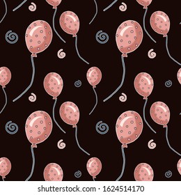 Digital Art Holyday Seamless Pattern On Dark Brown Chocolate Background With Pink Balloons.