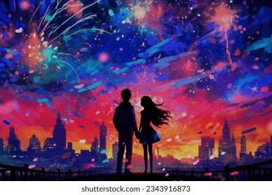 Digital art illustration, couple celebrating by firework anime  background. - Powered by Shutterstock