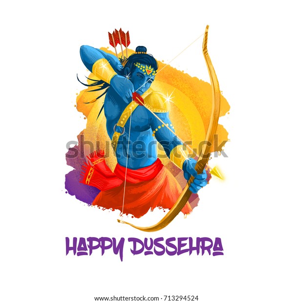 インドの祝日のデジタルアートイラスト ビジャヤダシミ ハッピー デュッセラ文章 弓を持つ神ラマ ダサラヒンズー教のお祭りのグラフィッククリップアートデザイン 邪悪な勝利の神話上の象徴 の イラスト素材