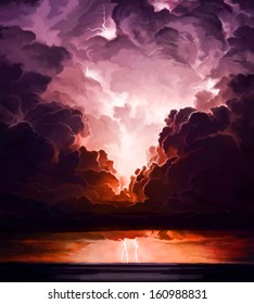 Digital Art Of Lightning Storm Over Ocean.