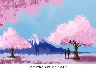 Digital Art Lovely Couple Standing Under Pink Tree On Snow Mountain Background.groom And Bride.