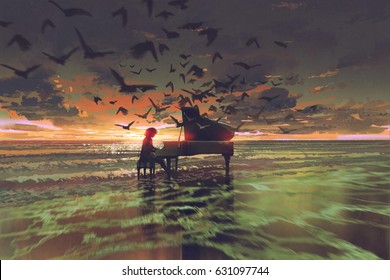 digital art of the man playing piano among flock of birds on the beach at sunset, illustration painting