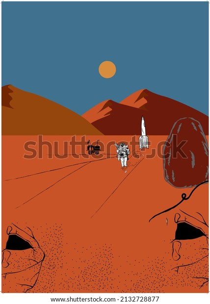 A digital art of Mars , where spaceship land\
on Mars and astronaut with\
Rover.
