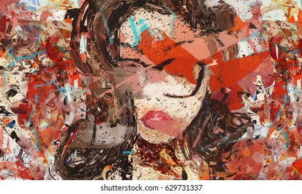 Digital art. Modern. Poster. Face of girl in glasses. Digital painting. Contemporary art. Expressionism. Grunge. Beautiful woman portrait. Abstract fashion illustration. Picture for interior, in room.