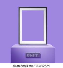 Digital Art And Nft, Non-fungible Token. Empty Frame For Image On Purple Background, Mockup Copy Space. 3D Rendering