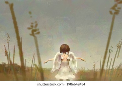 Digital Art Oil Painting Of Angel Girl In Golden Field, Rough Brush Stroke On Canvas Texture.