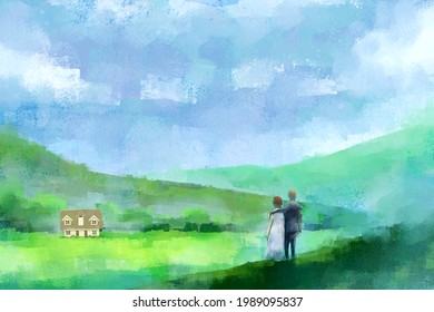 Digital Art Oil Painting Of Rear View Couple Looking At House.