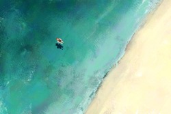 Digital Art Oil Painting Set Of Lonely Girl With Inflatable Ring On The Beach, Blank Space.