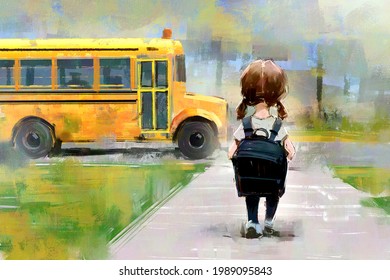 Digital Art Oil Painting Of Student Girl Walking To School Bus, Rough Brush Stroke On Canvas Texture.