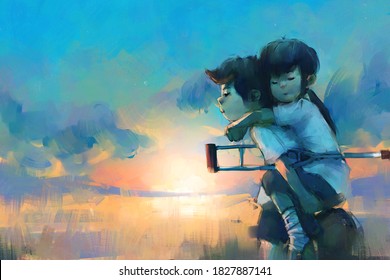 Digital Art Painting Of Boy Carry Girl On His Back, Storytelling Illustration